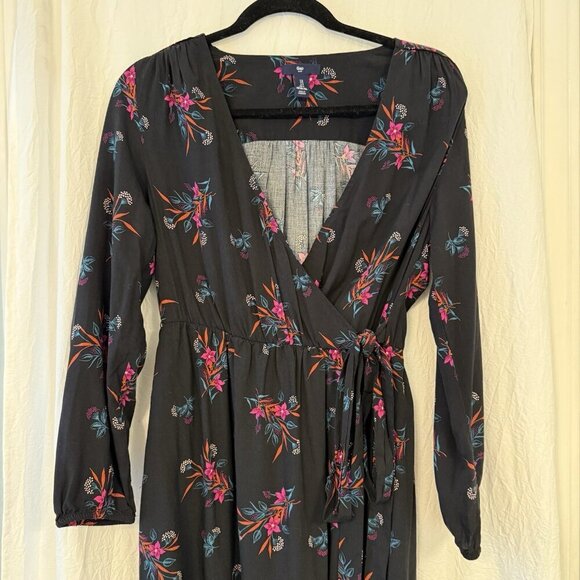 GAP Black Wrap Dress With Pink Floral Print Long Sleeve Size Small Church - Picture 8 of 13